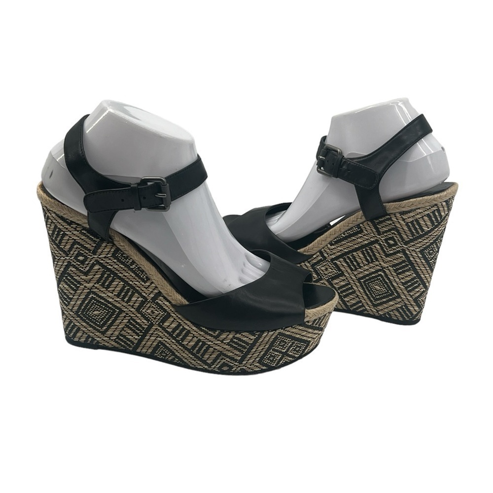 Vera Wang Black Leather Geometric Print Wedge Platform Sandals Size 10 Women’s